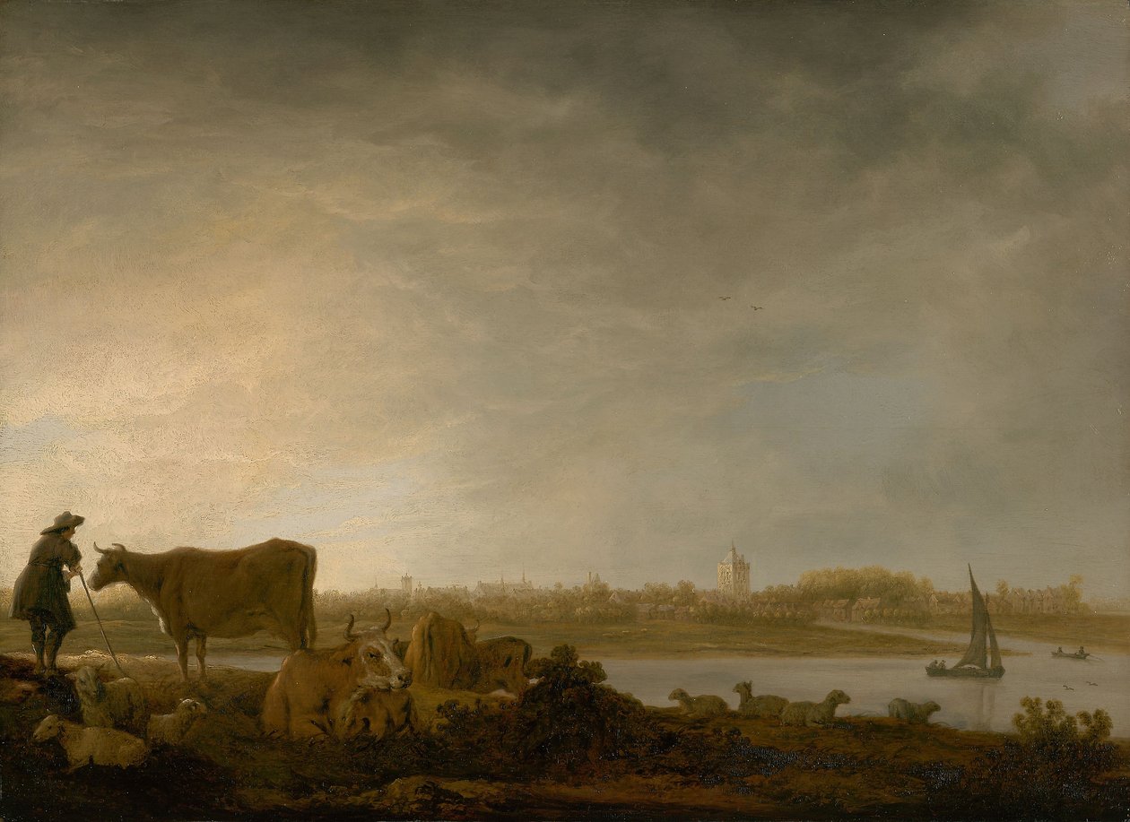 Udsigt over Vianen med en hyrde og kvæg ved en flod, ca. 1643-45 (olie på panel) af Aelbert Cuyp