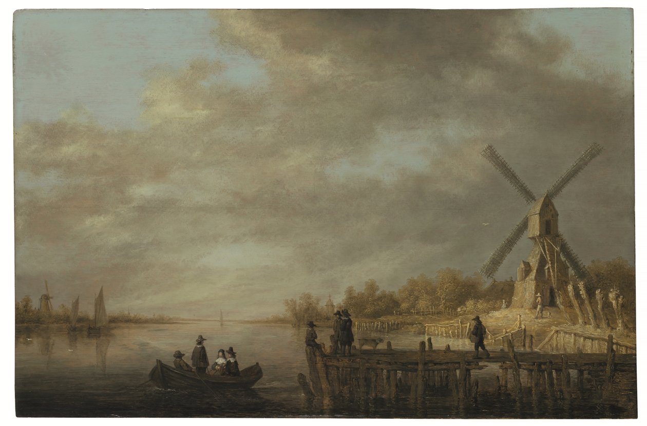 Et flodlandskab med en vindmølle og herrer i en robåd og på en anløbsbro i forgrunden (olie på panel) af Aelbert Cuyp