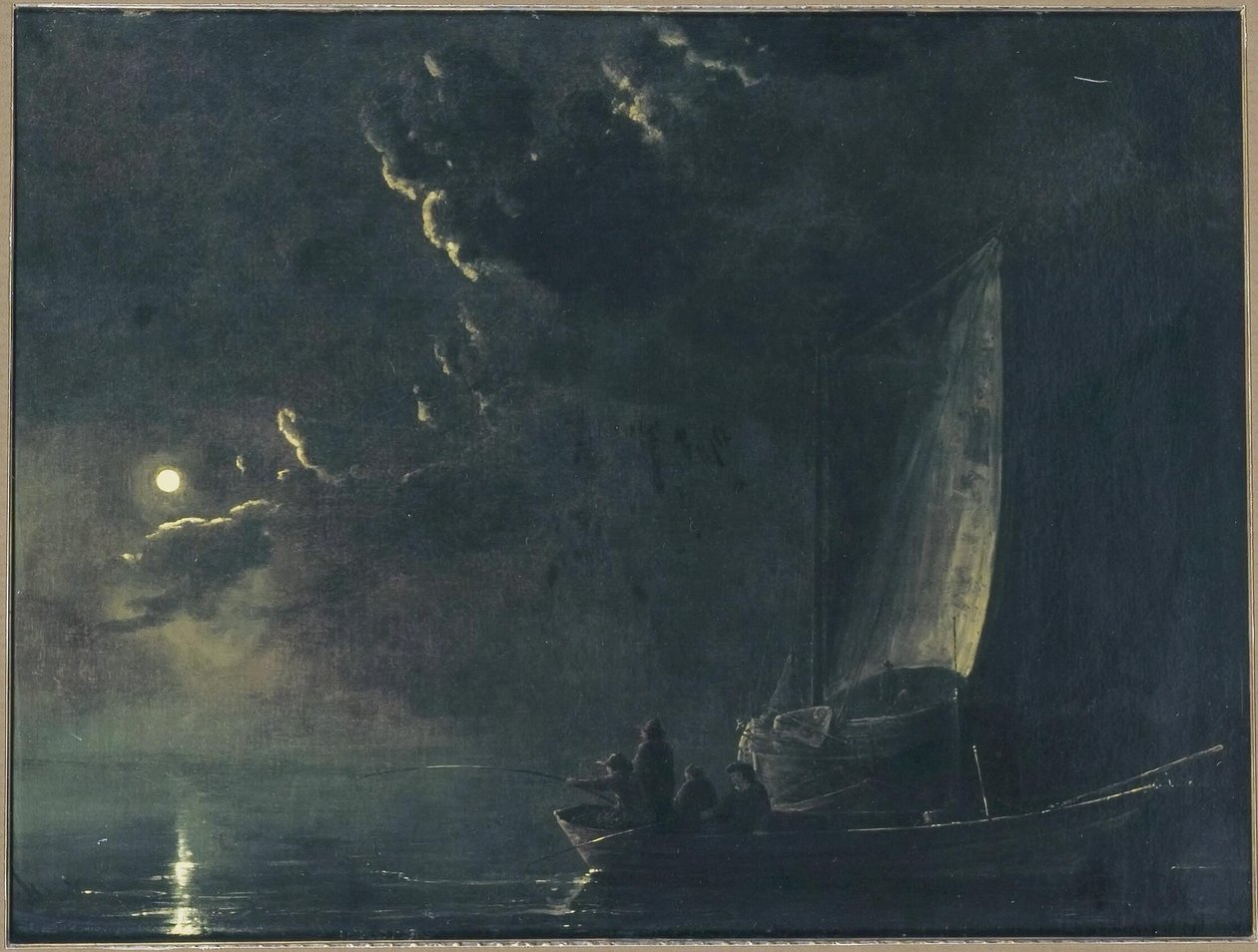 Tysk: Månelandskab, i forgrunden en fiskerbåd med fiskere Fiskere ved måneskin af Aelbert Cuyp