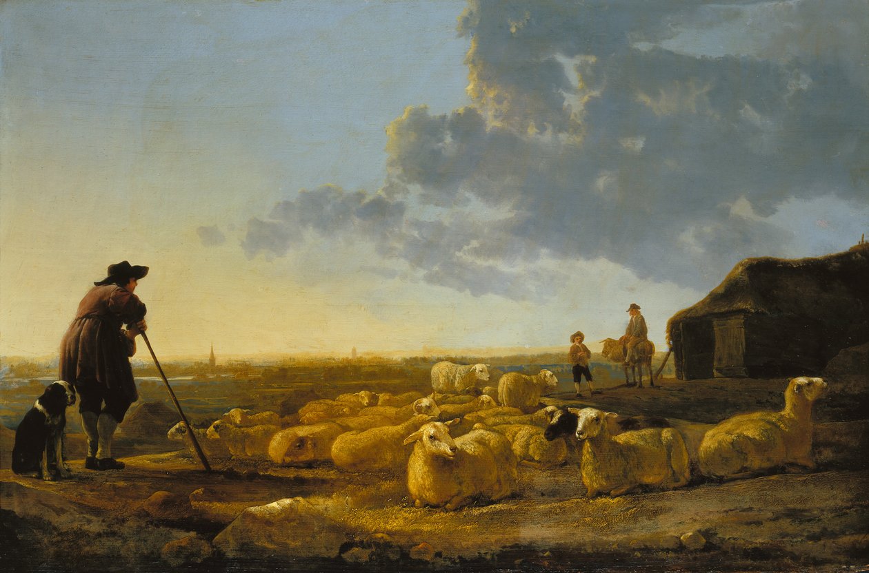 En flok får på græsmarken af Aelbert Cuyp