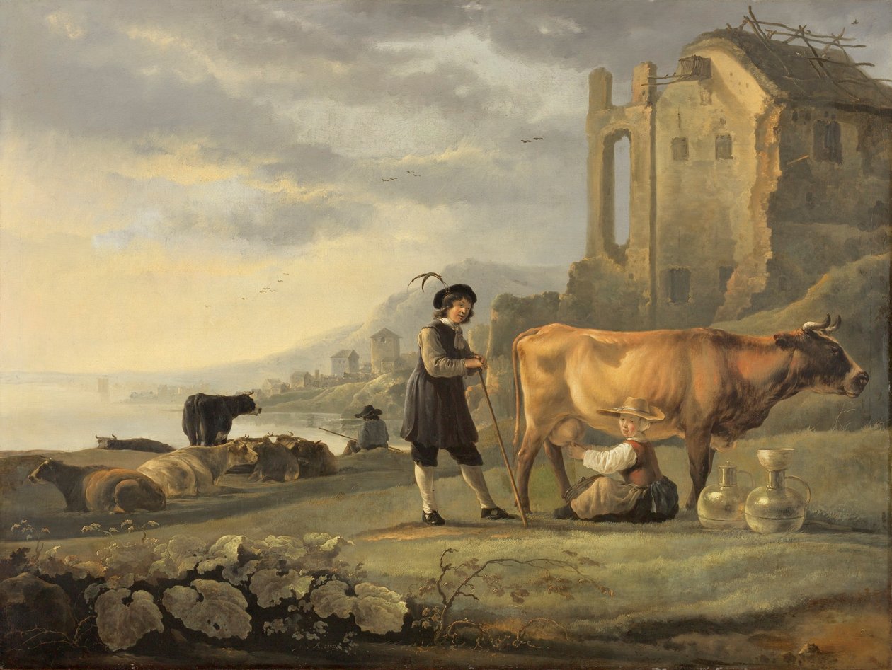 Landskab med tjenestepige, der malker en ko af Aelbert Cuyp