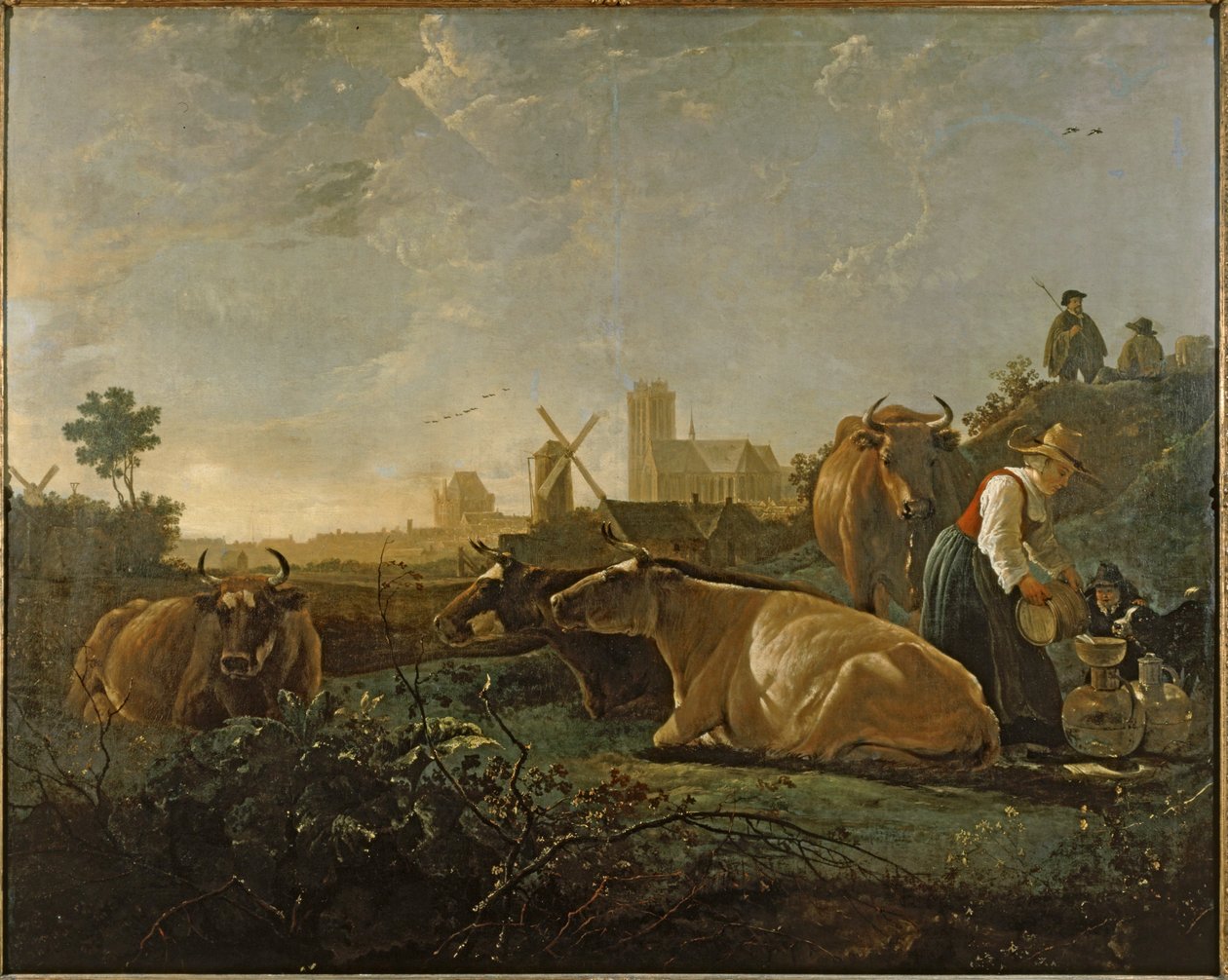 Mælkepige og kvæg nær Dordrecht ... (maleri på lærred) af Aelbert Cuyp