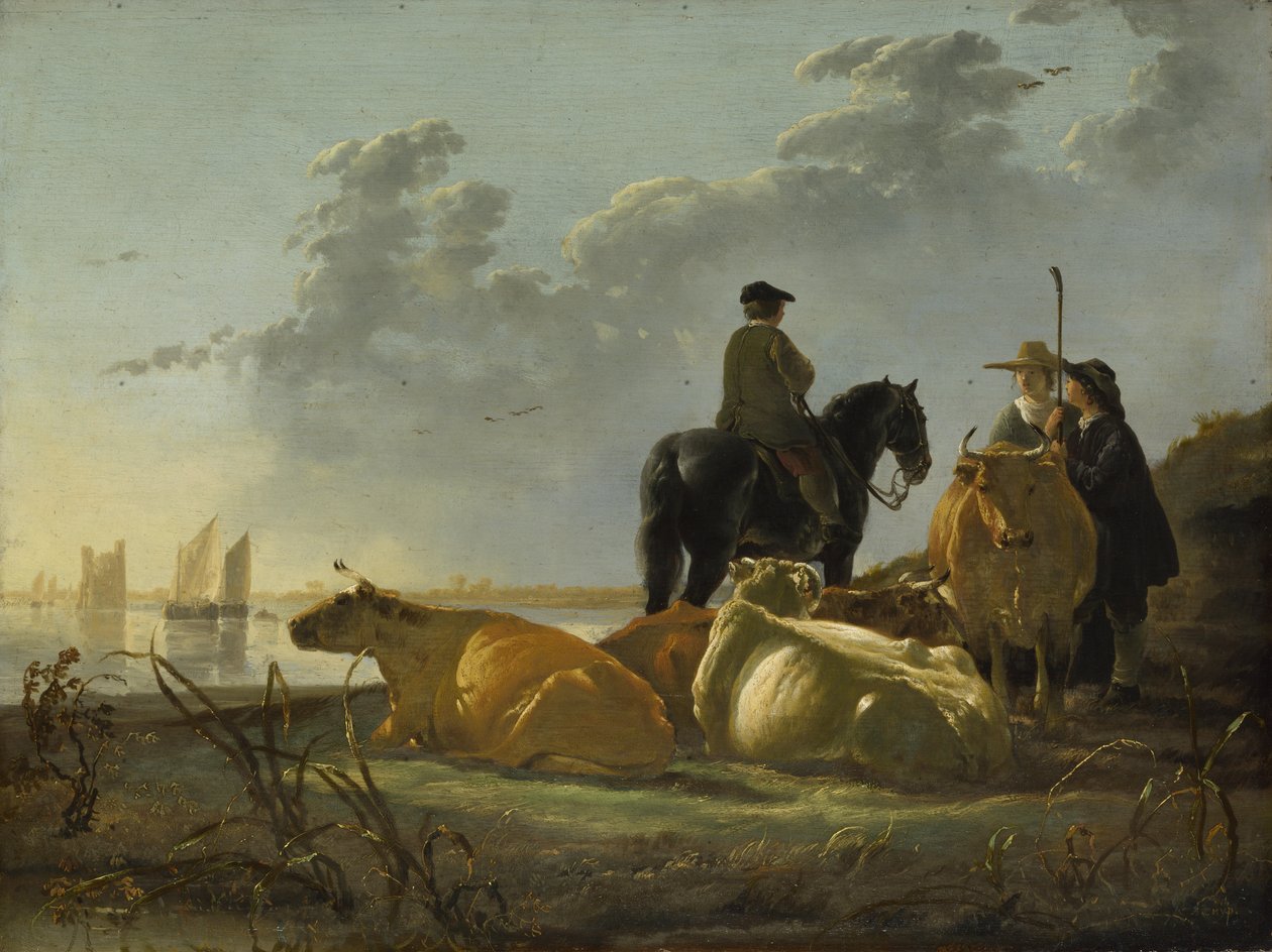 Bønder og kvæg ved floden Merwede, ca. 1655-60 (olie på panel) af Aelbert Cuyp