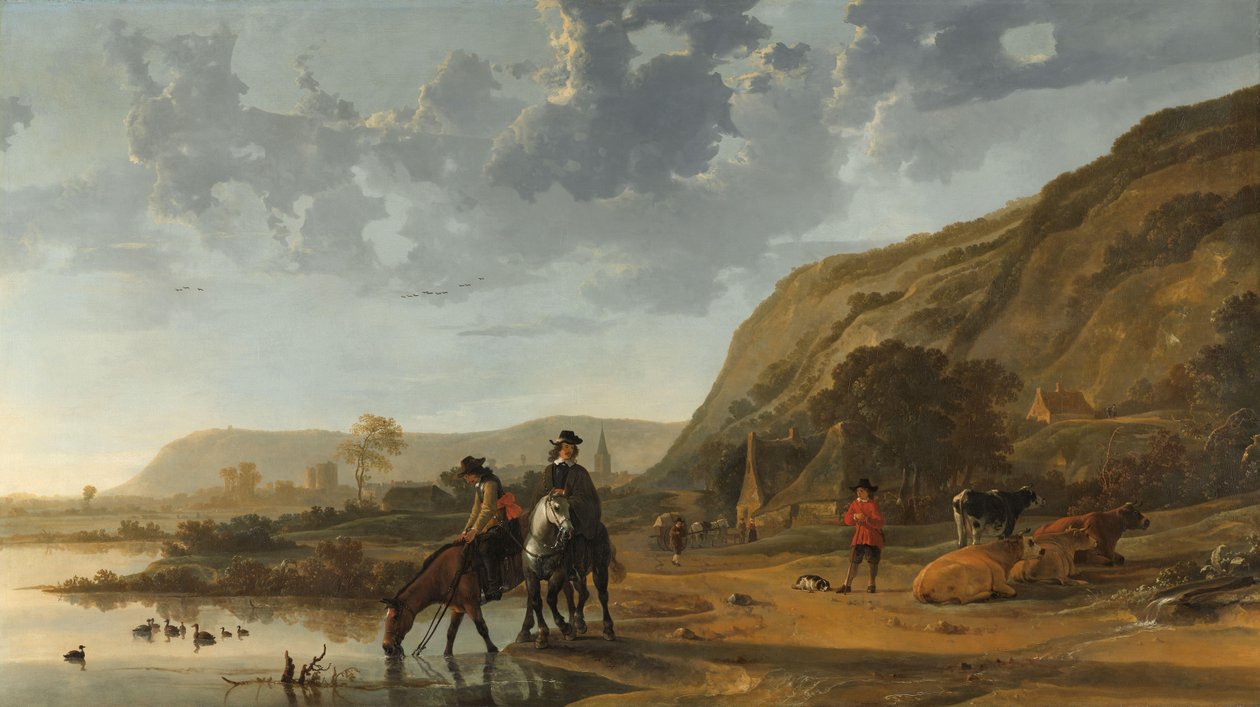 Flodlandskab med ryttere Flodlandskab nær Nijmegen med ryttere, der vander deres heste af Aelbert Cuyp