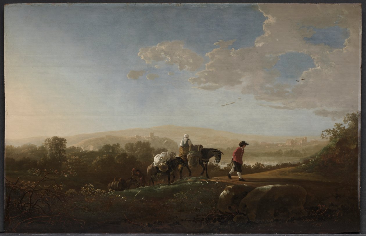 Rejsende i bakket landskab, ca. 1650 (olie på træ) af Aelbert Cuyp