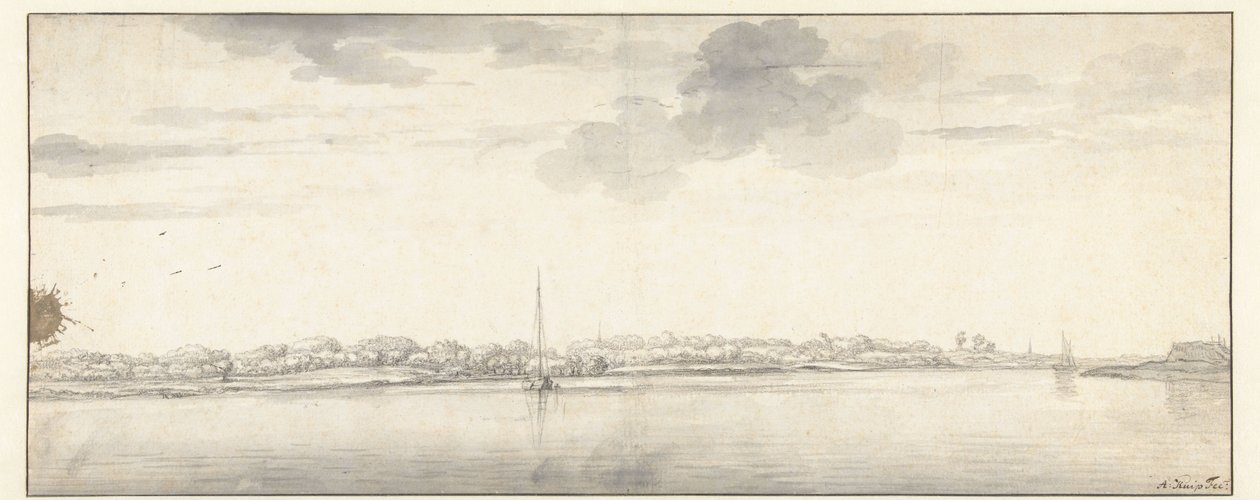 Ekspansiv udsigt over floden med skibe på roligt vand af Aelbert Cuyp