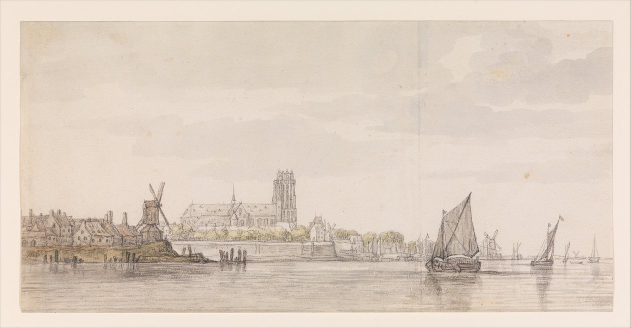 Udsigt over Groote Kerk i Dordrecht fra floden Maas af Aelbert Cuyp