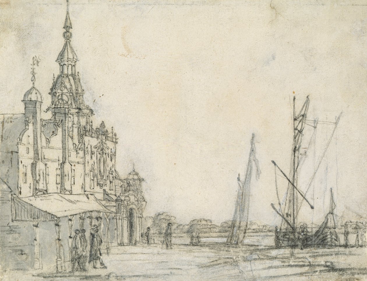 Udsigt over Groothoofdspoort fra nordøst, Dordrecht, 1618 (kridt på papir) af Aelbert Cuyp