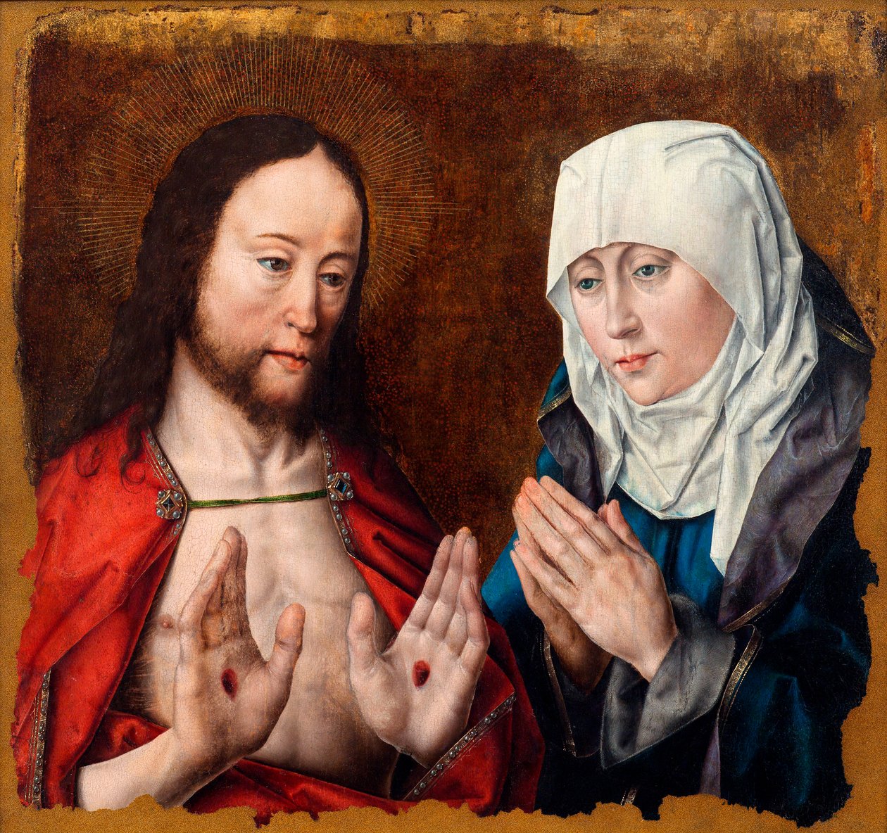 Kristus viser sin mor neglesårene i sine hænder, ca. 1490. af Aelbrecht Bouts