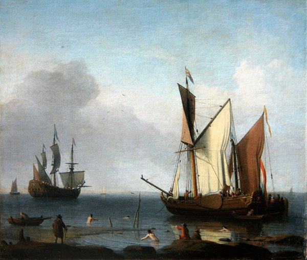 Et marinemaleri: Hollandsk kridt fortøjet ud for en strand (olie på lærred) af Aernout Smit