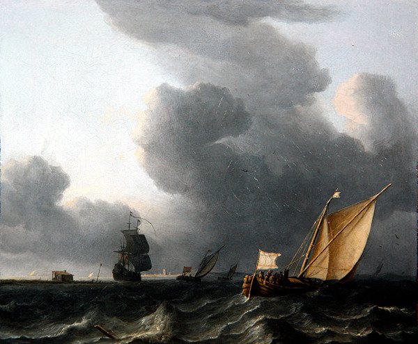 To hollandske Smalschips og en krigsmand (olie på lærred) af Aernout Smit