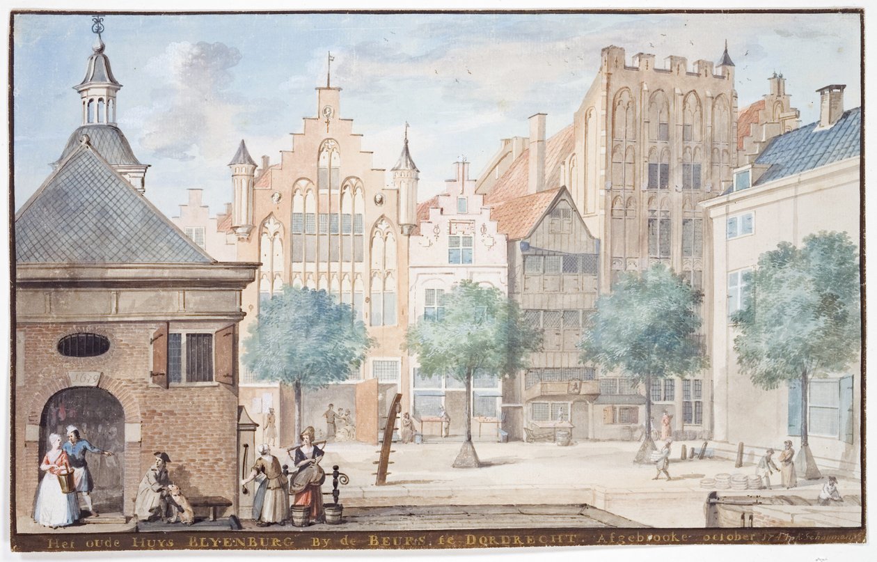 En udsigt over Wijnstraat, Dordrecht 1745 af Aert Schouman
