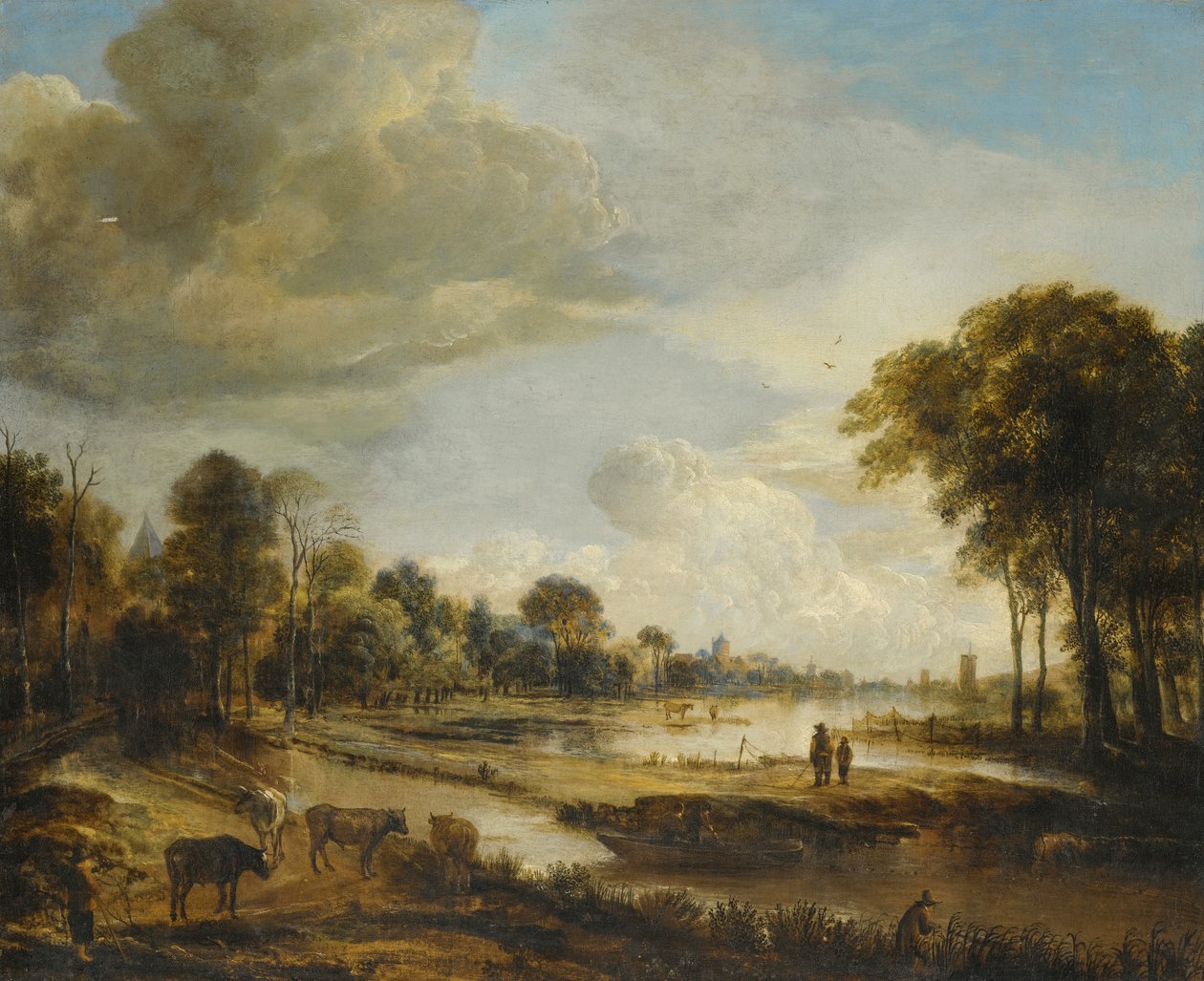 Et flodlandskab med figurer og kvæg af Aert van der Neer