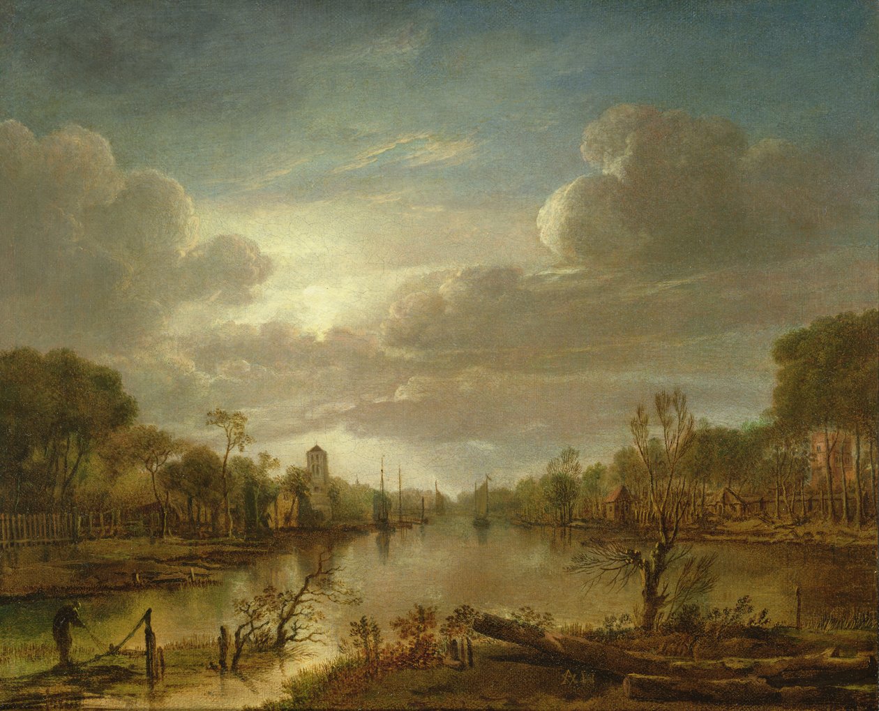 Et flodlandskab ved måneskin, 1600-tallet af Aert van der Neer