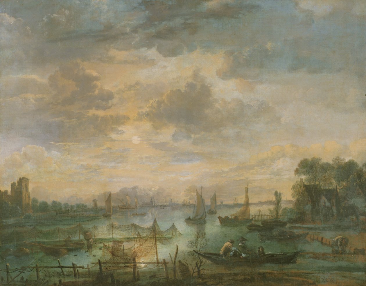 Månebelyst scene med fiskere af Aert van der Neer