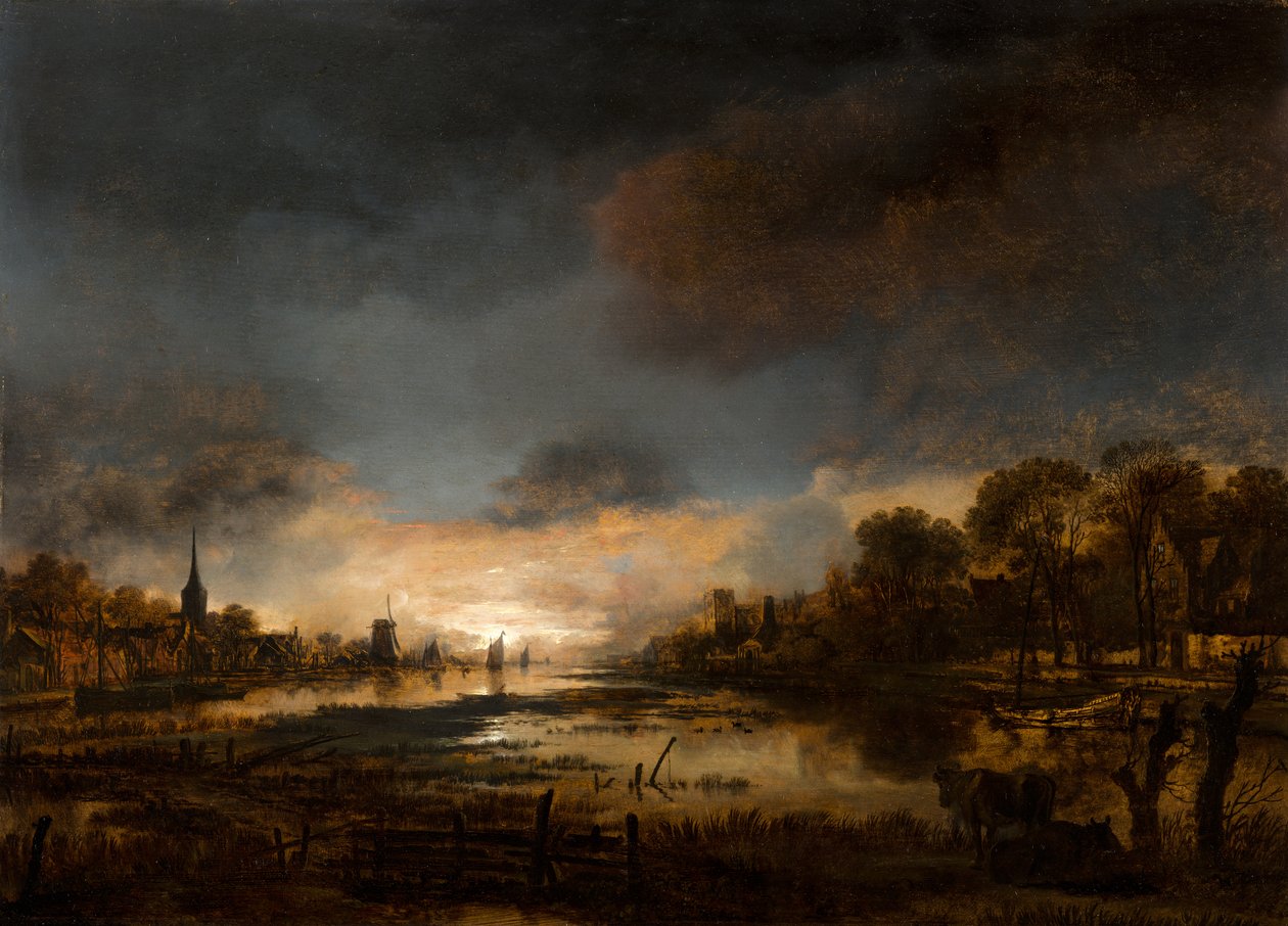 Flodlandskab ved solnedgang af Aert van der Neer