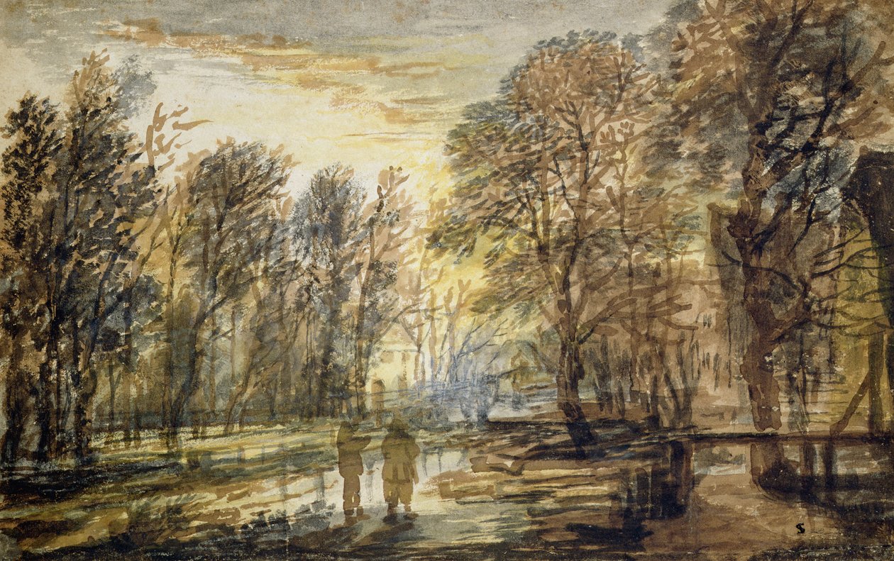 Sunset in the Wood (blyant og brunt blæk på papir) af Aert van der Neer