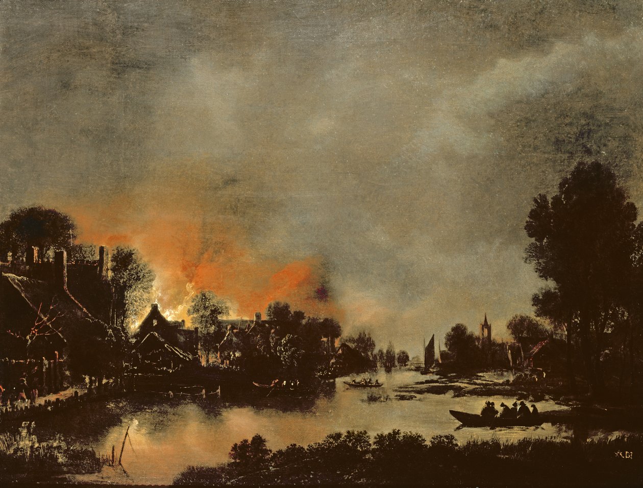 Landsby i brand af Aert van der Neer