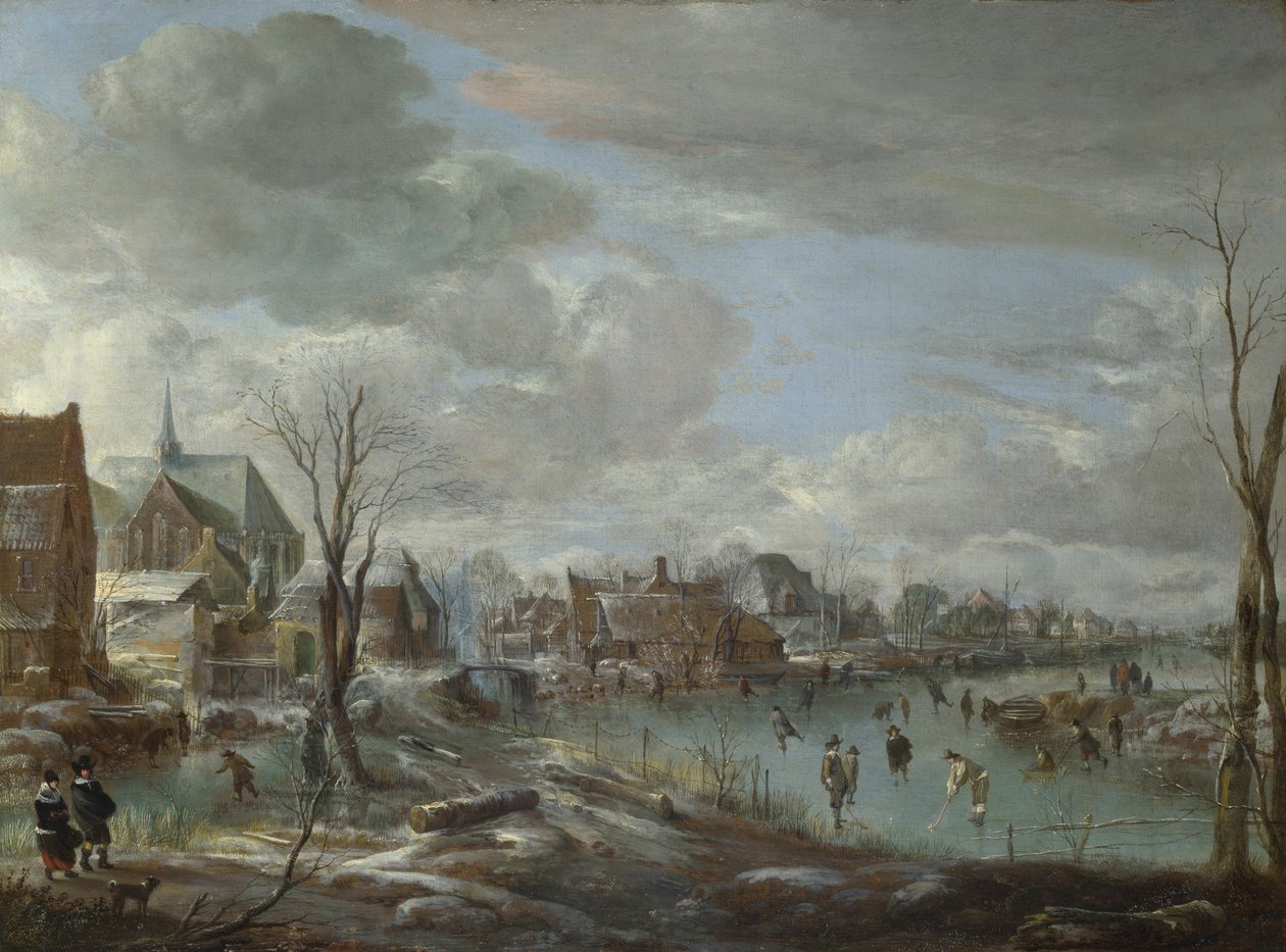 En frossen flod nær en landsby med golfspillere og skatere, ca. 1647-1648 af Aert van der Neer
