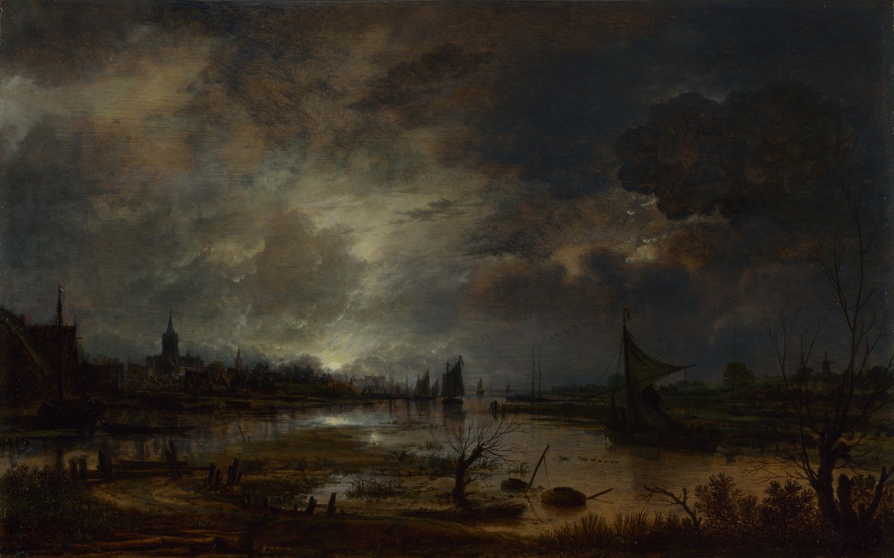 En flod nær en by, ved måneskin, ca. 1645 af Aert van der Neer