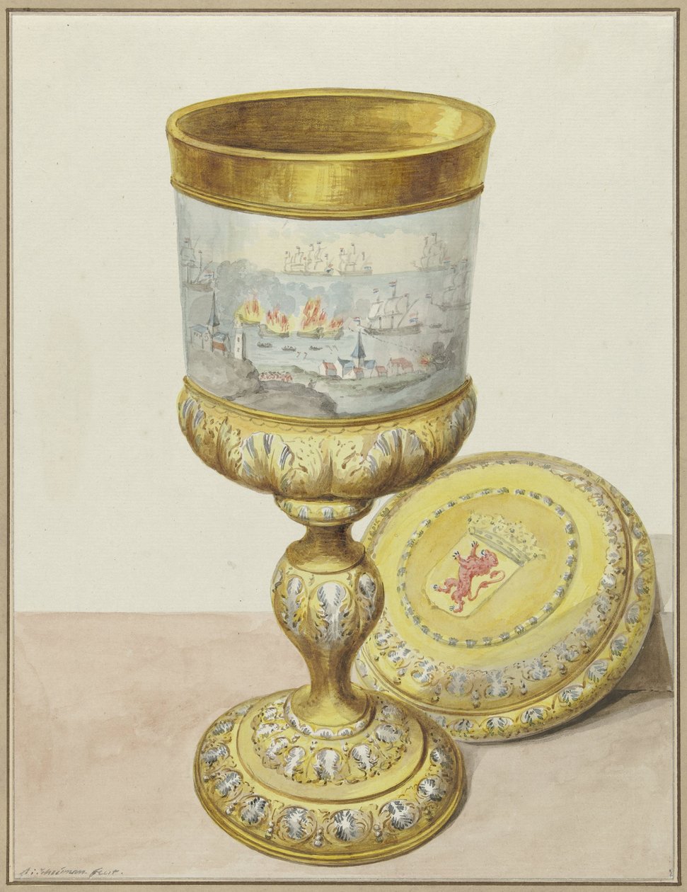 Guldbæger med låg, doneret til Cornelis de Witt i anledning af rejsen til Chatham, 1667 af Aert Schouman (signed by artist)