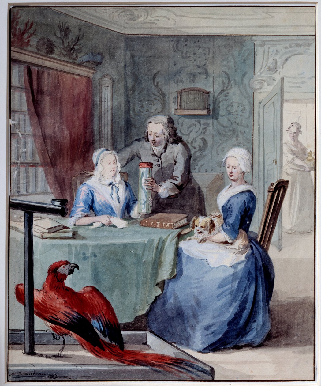En naturforsker viser to kvinder en krukke med en slange i forgrunden en papegøje. Akvarel af Aert Schouman (1710-1792) 1700-tallet søn. 0,24x0,2 m Paris, Musée du Louvre af Aert Schouman