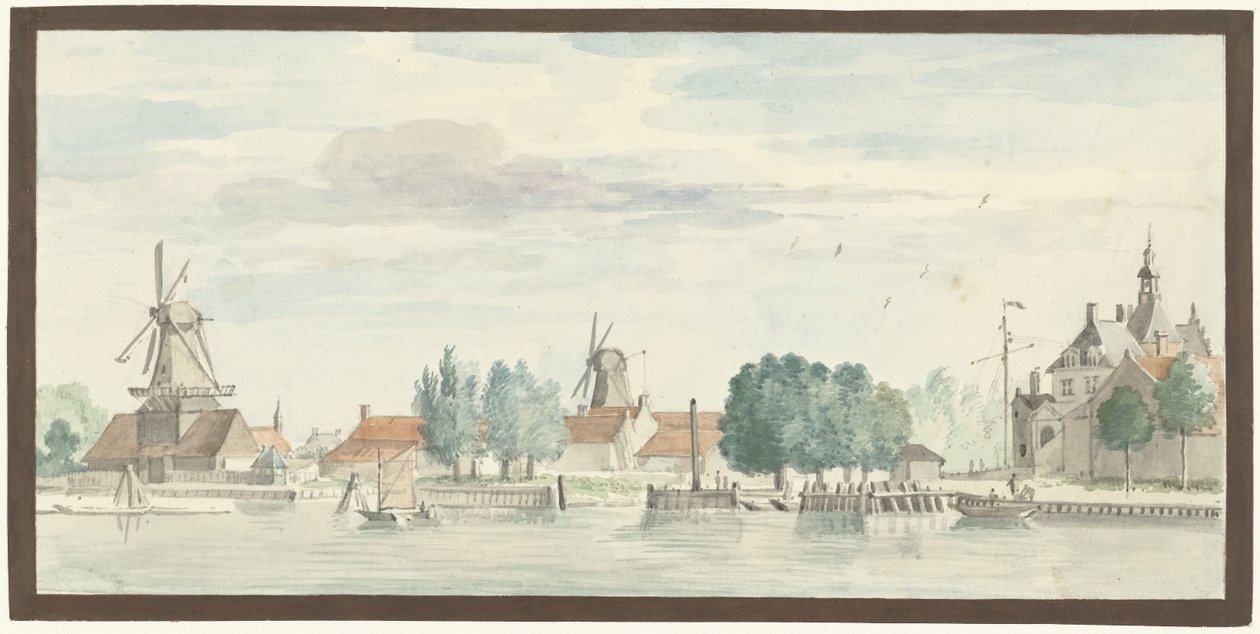 Udsigt over Dordrecht med Rietdijkspoort og vindmøller af Aert Schouman