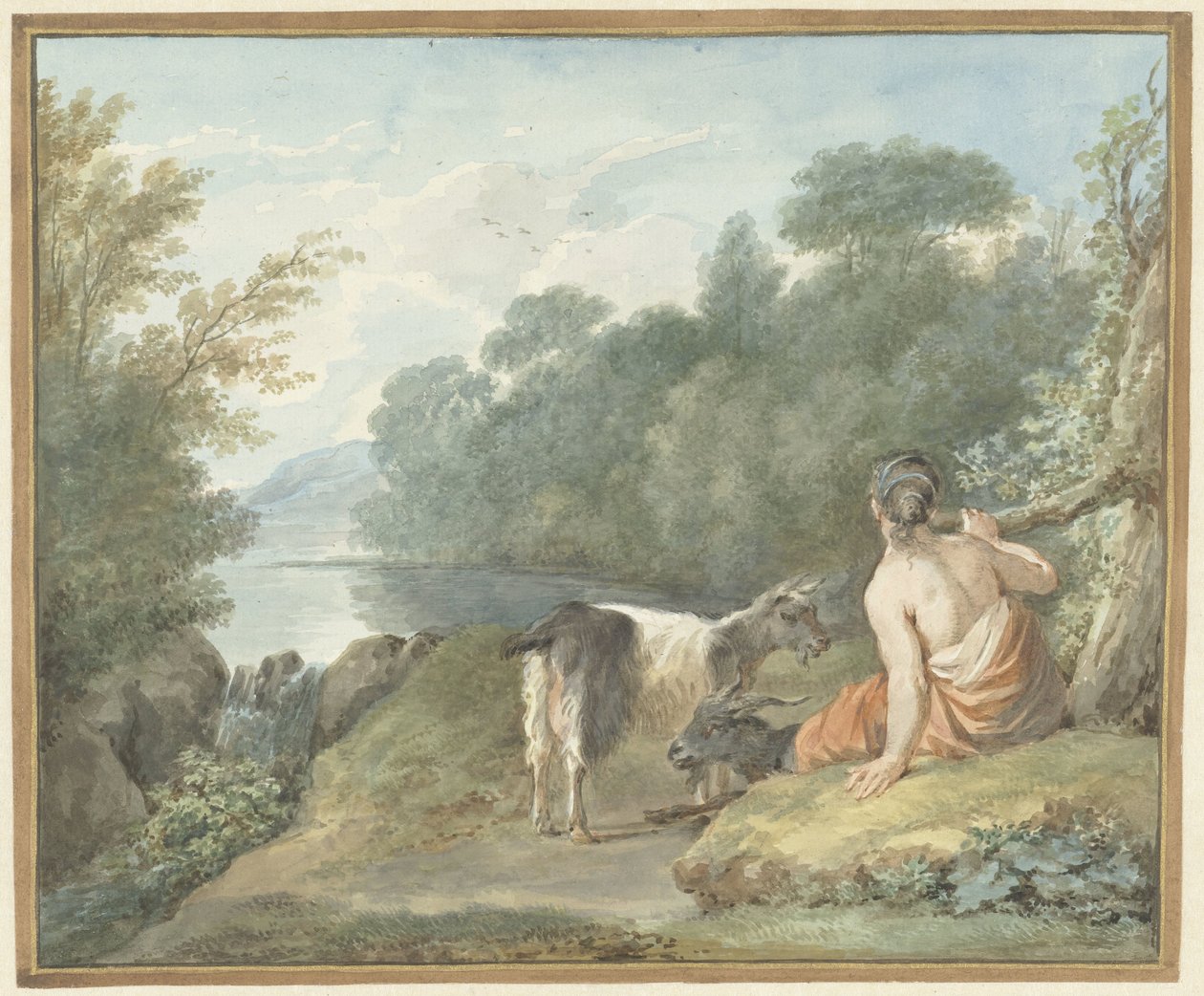 Hyrdinde med geder i et landskab med en sø af Aert Schouman