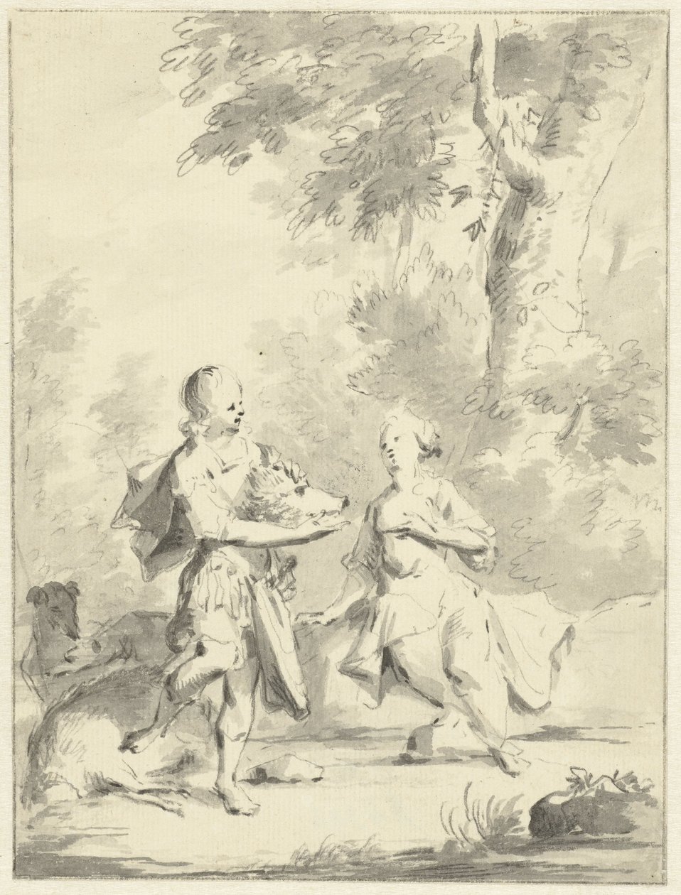 Meleager giver Atalante hovedet af den calydonske orne af Aert Schouman