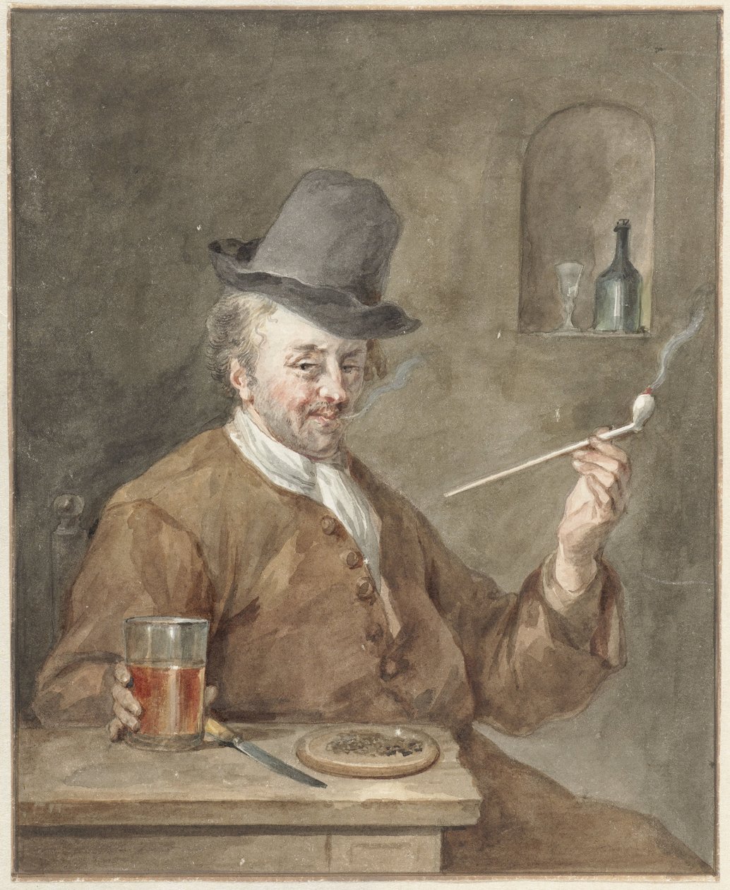 Piberygende mand ved et bord med en tallerken, en kniv og et glas af Aert Schouman