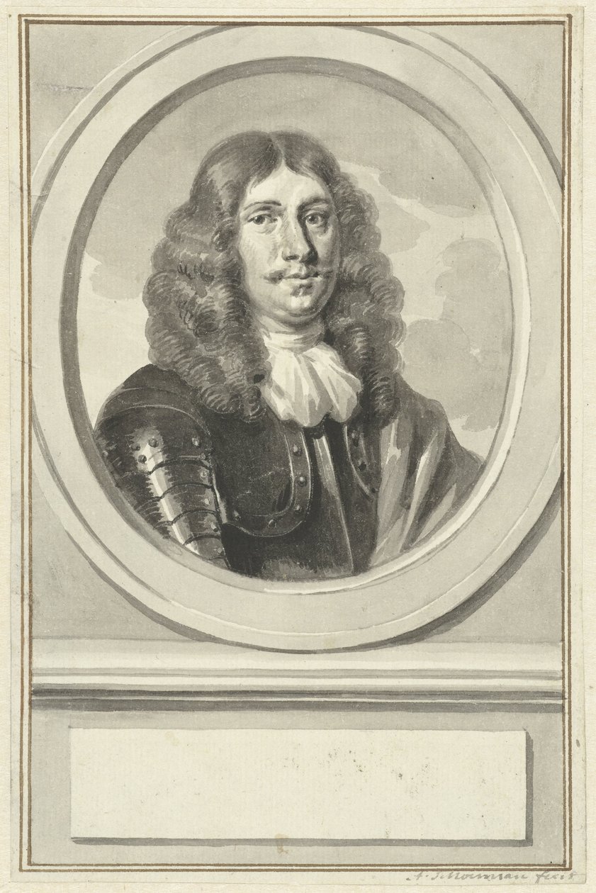 Portræt af Cornelis Evertsen i panser, i oval, til højre af Aert Schouman