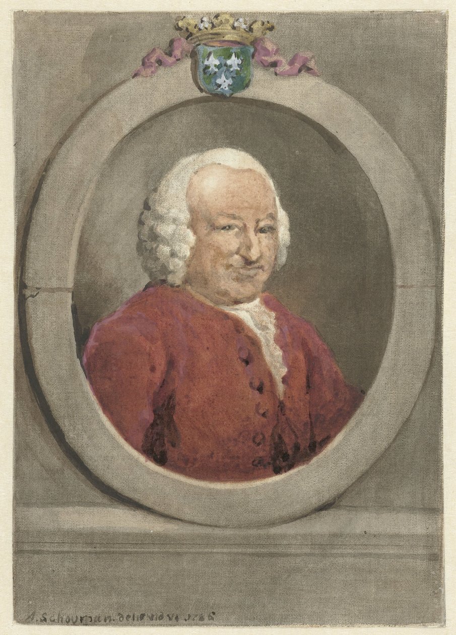 Portræt af Johan Hudde Dedel, i oval, til højre af Aert Schouman