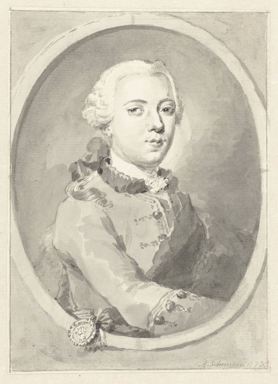 Portræt af Vilhelm V, Prins af Orange-Nassau, til højre, i oval af Aert Schouman