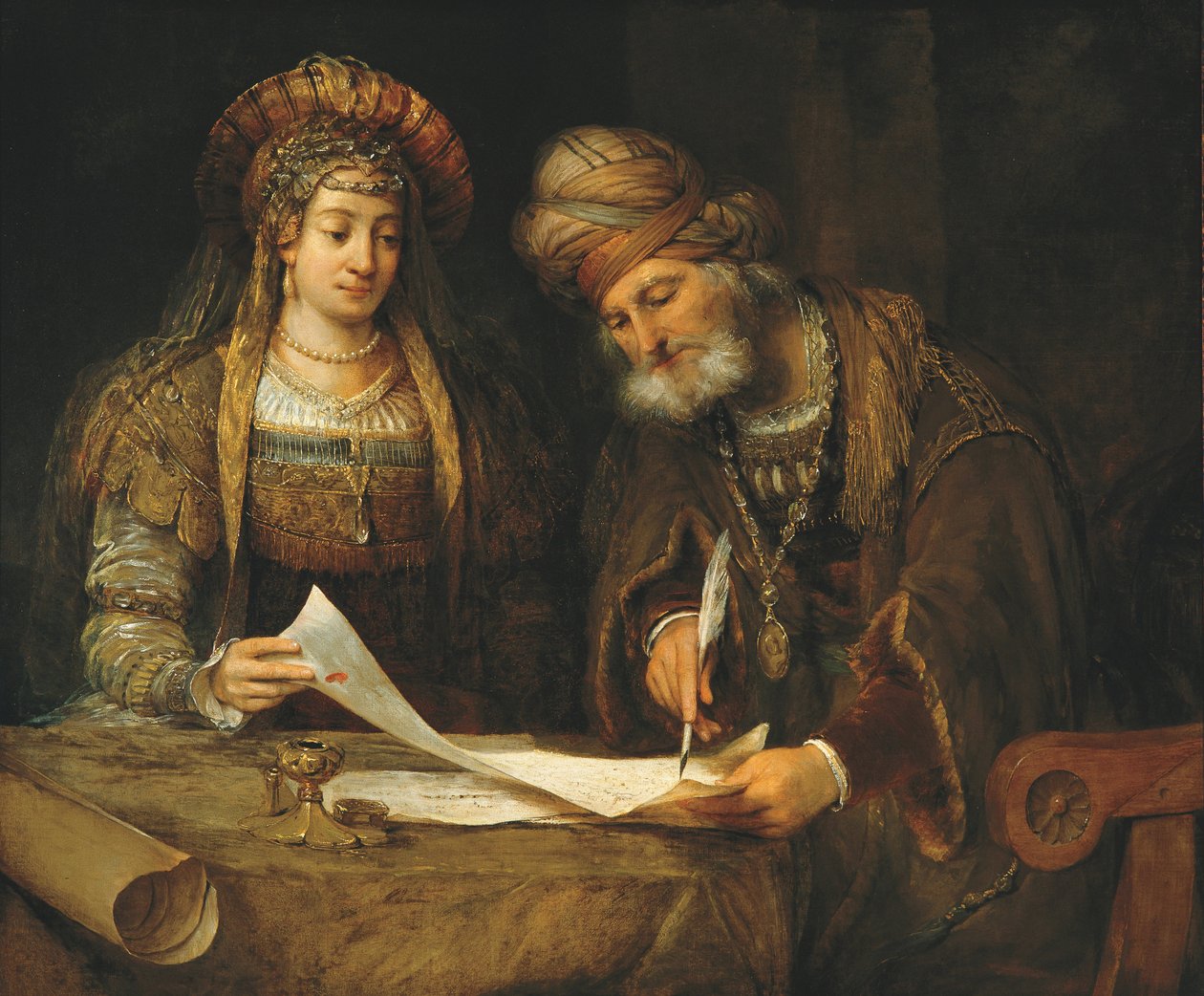 Esther og Mordokaj skriver det første brev i Purim, ca. 1675 (olie på lærred) af Aernt de Gelder