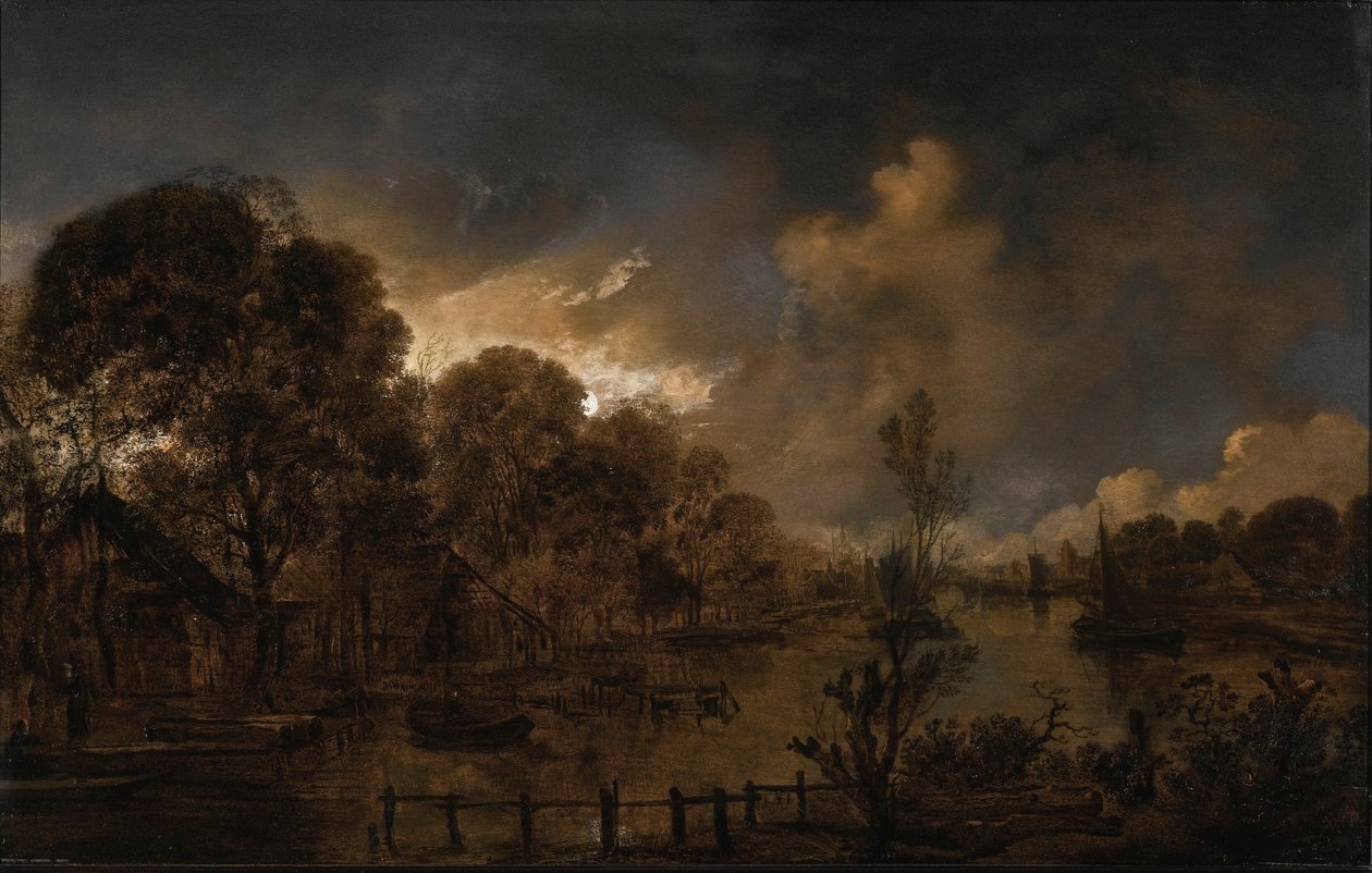 En kanal ved måneskin af Aert van der Neer