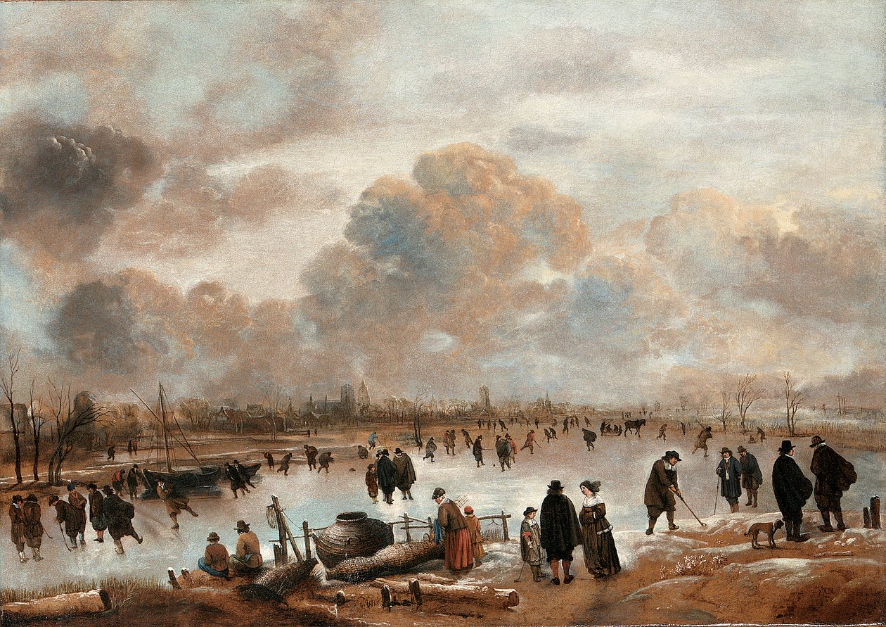 Et vinterlandskab med skatere og byfolk på en frossen vandvej af Aert van der Neer