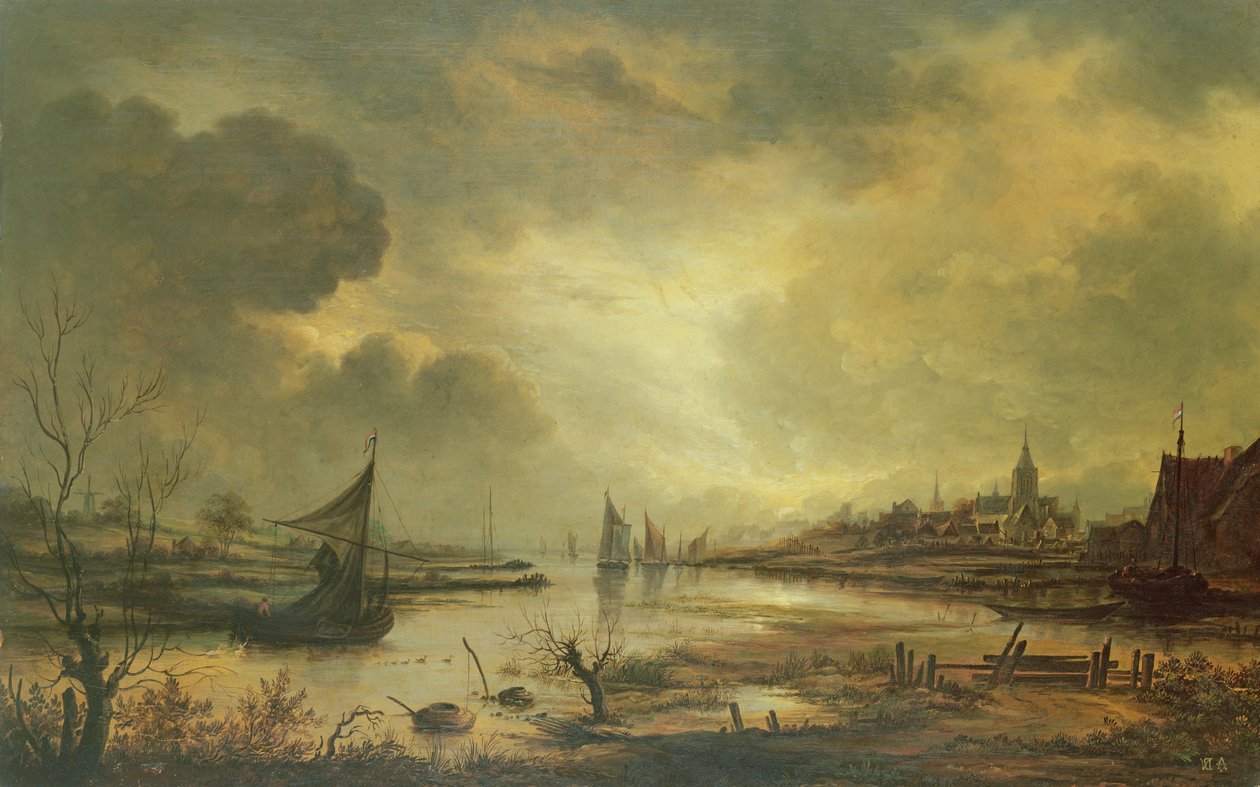 Dutch Town on a River by Moonlight (olie på panel) af Aert van der Neer