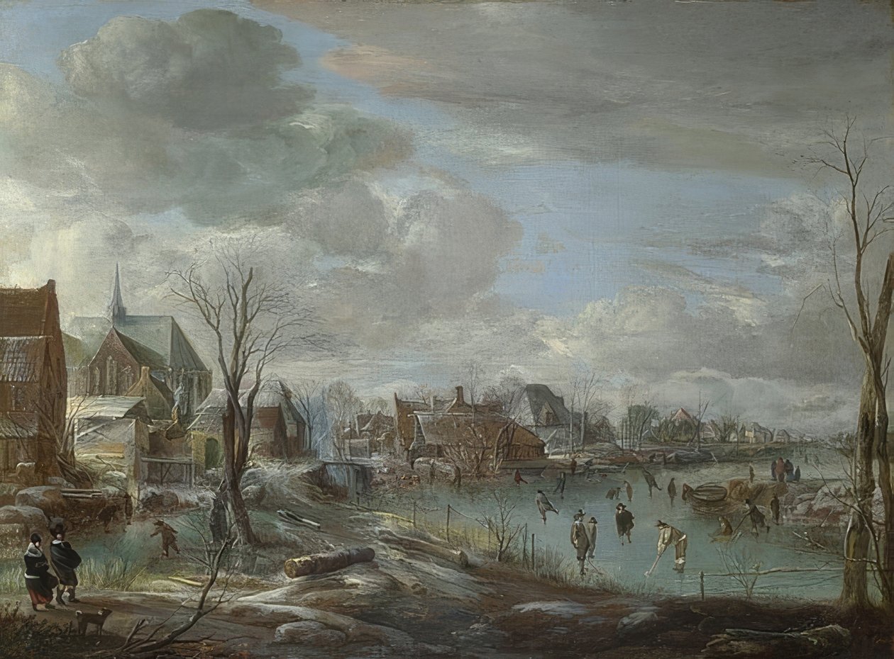 En frossen flod nær en by med golfspillere og skatere. Omkring 1648 af Aert van der Neer