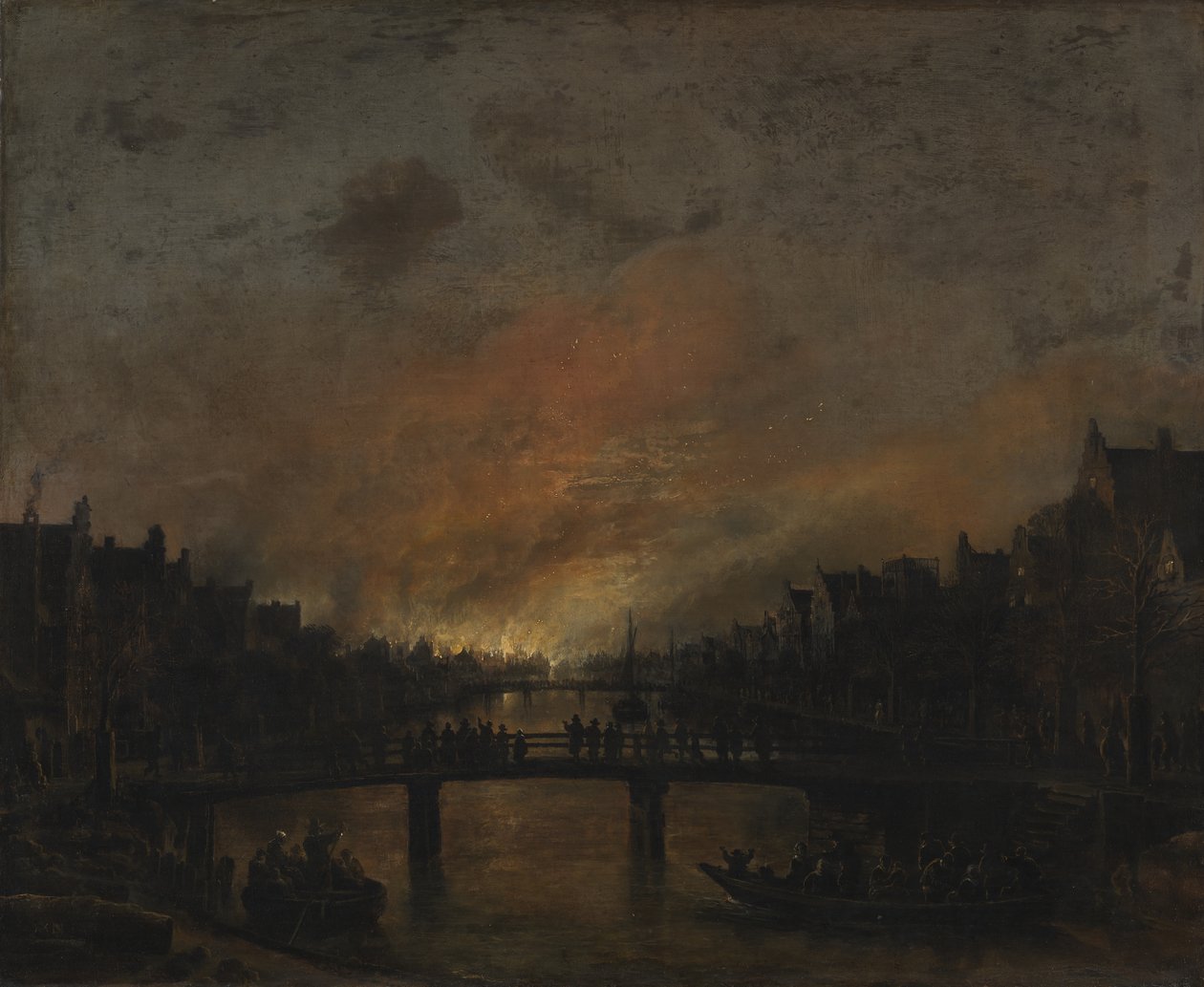 Brand i Amsterdam by Night af Aert van der Neer