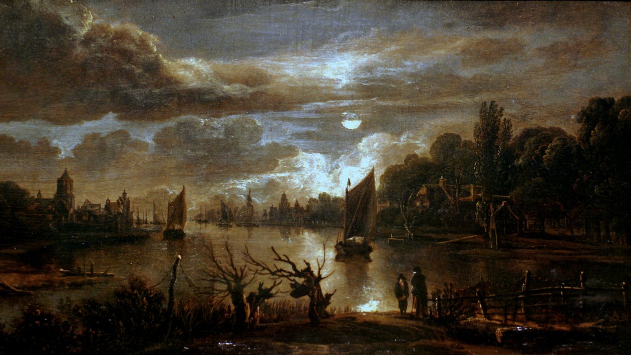 Tysk: Mondscheinlandschaft mit breitem Kanal Moonlit Landscape with a Broad Stream af Aert van der Neer