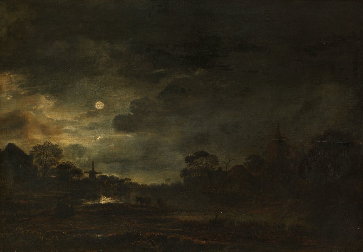 Landskab ved måneskin af Aert van der Neer