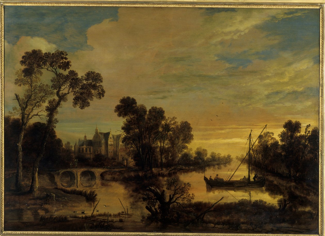 Landskab med kanal, 1643 af Aert van der Neer