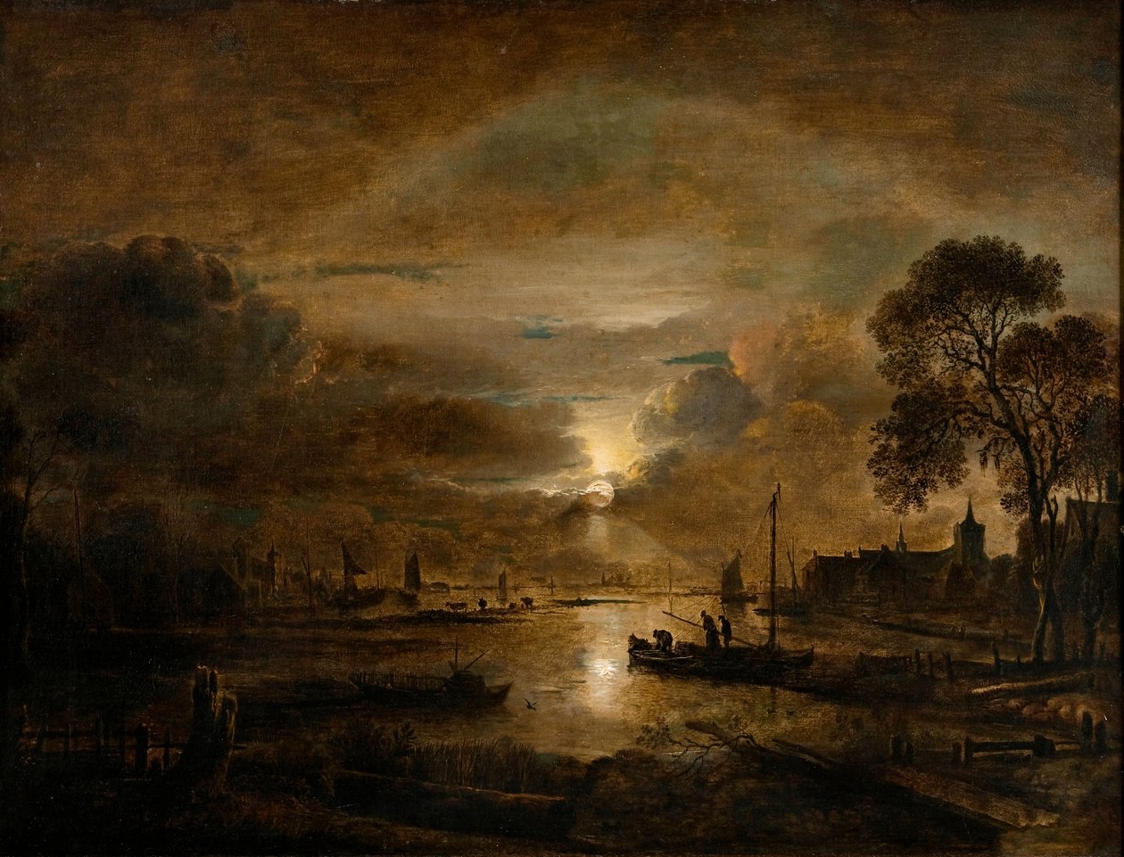 Måneskin ved en hollandsk flod, ca. 1650 (olie på lærred) af Aert van der Neer