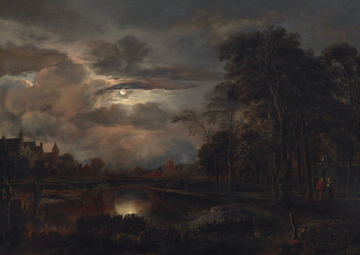 Månebelyst landskab med bro, sandsynligvis 16481650. af Aert van der Neer