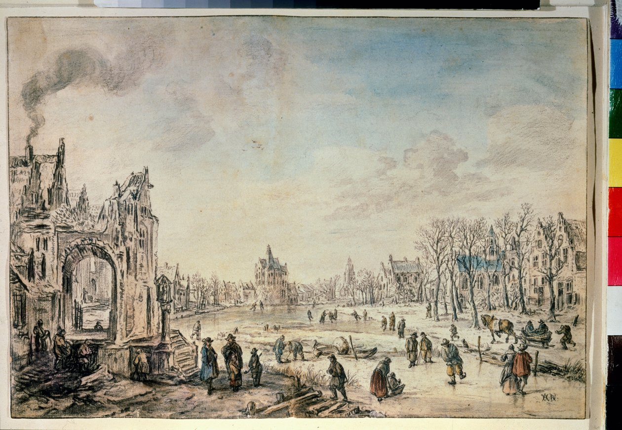 Vinterlandskab med skatere. Tegning af Aert Van der Neer (1603-1677) af Aert van der Neer