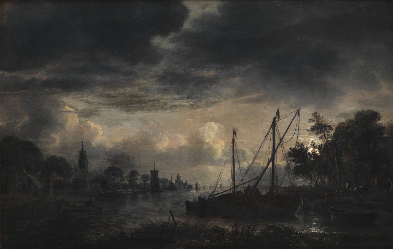 Flodlandskab i måneskin af Aert van der Neer