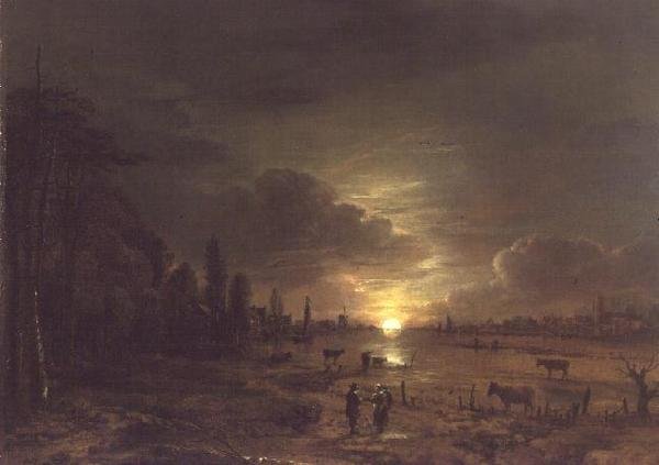 Flodlandskab med stigende måne af Aert van der Neer