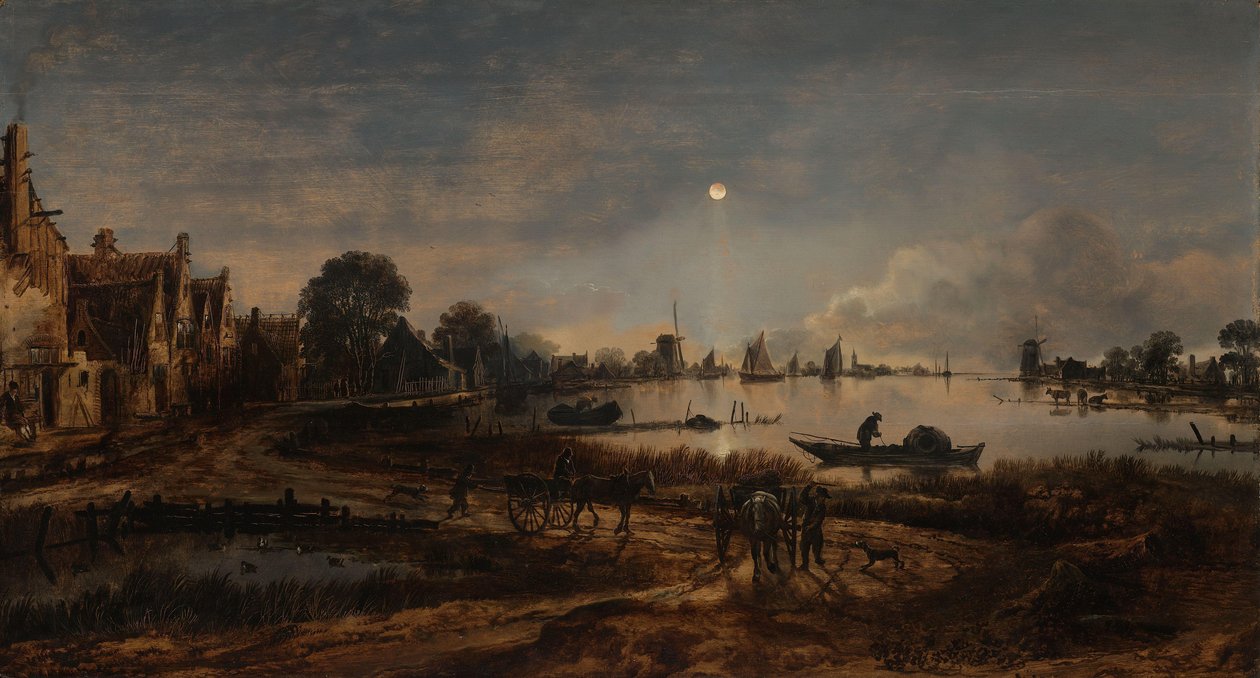 River View by Moonlight Landskab ved måneskin af Aert van der Neer