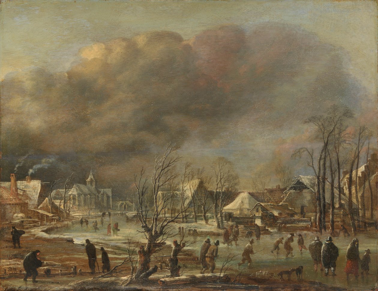 Snefald på en landsby ved siden af en frossen kanal, 1630-77 af Aert van der Neer