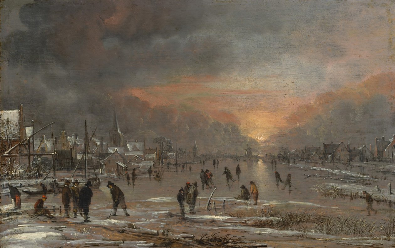 Sport på en frossen flod, formentlig ca. 1660. af Aert van der Neer